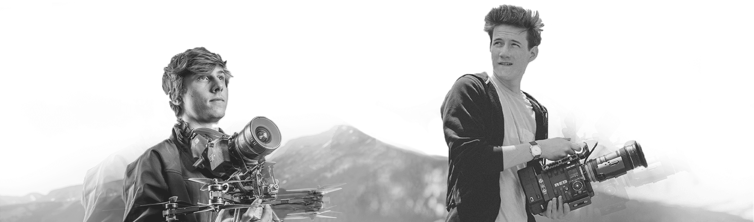 Luke Tornare and Dawson Gillespie of Send It Productions with a cinema drone and a RED cinema camera in front of a mountain